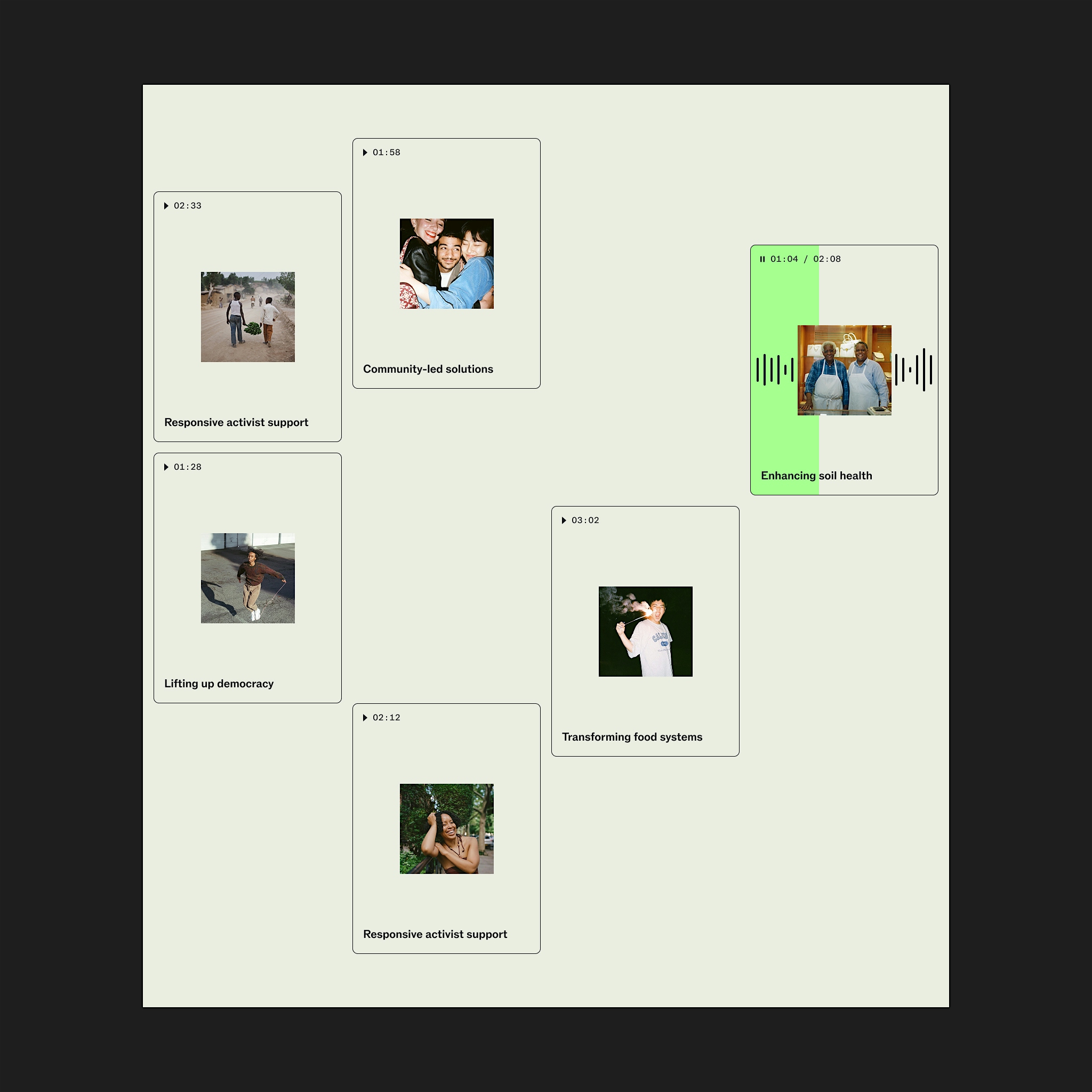 A grid of six cards, each featuring a photo and a short title related to social or environmental action.