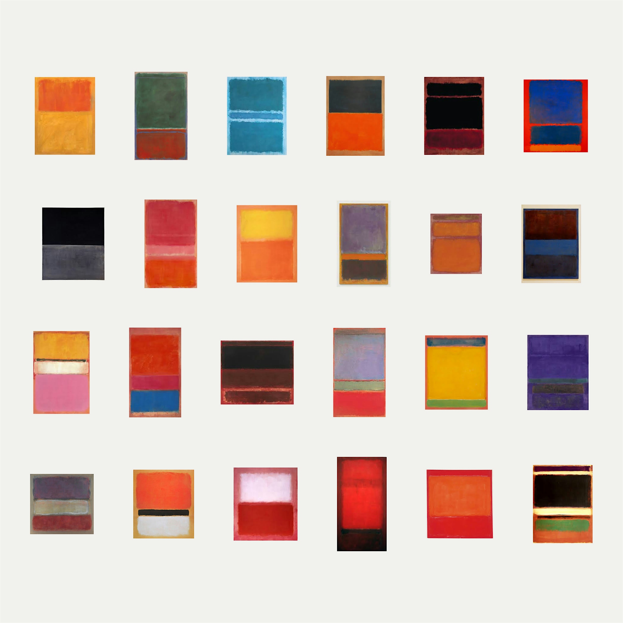 A grid of 24 abstract paintings by Mark Rothko, featuring rectangular blocks of color.