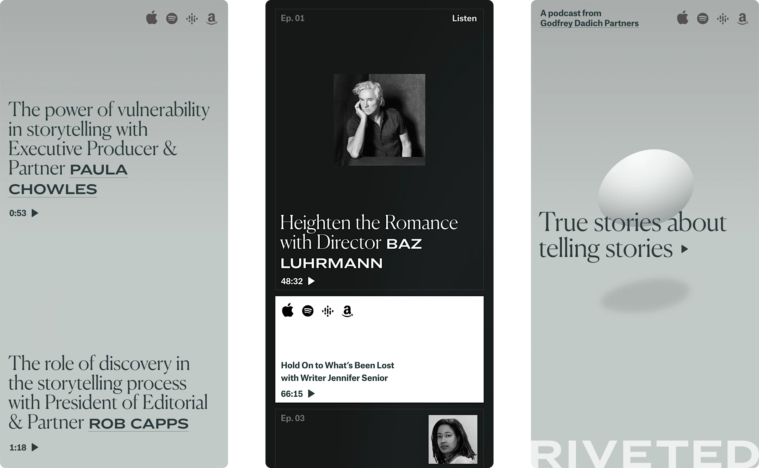 Website design for Riveted Podcast featuring 3 mobile screens showing learnings, episodes, and the top of a landing page.