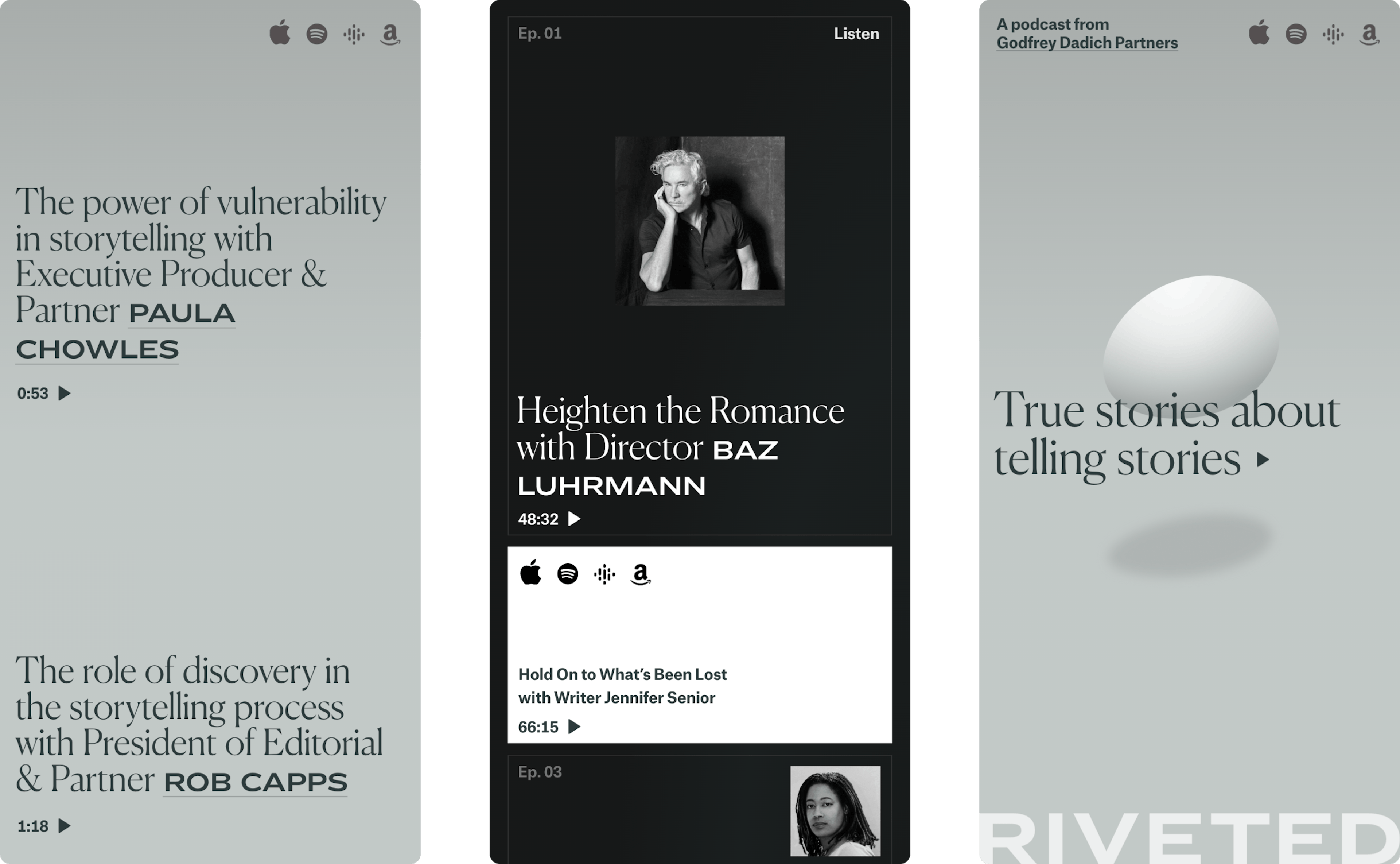 Website design for Riveted Podcast featuring 3 mobile screens showing learnings, episodes, and the top of a landing page.
