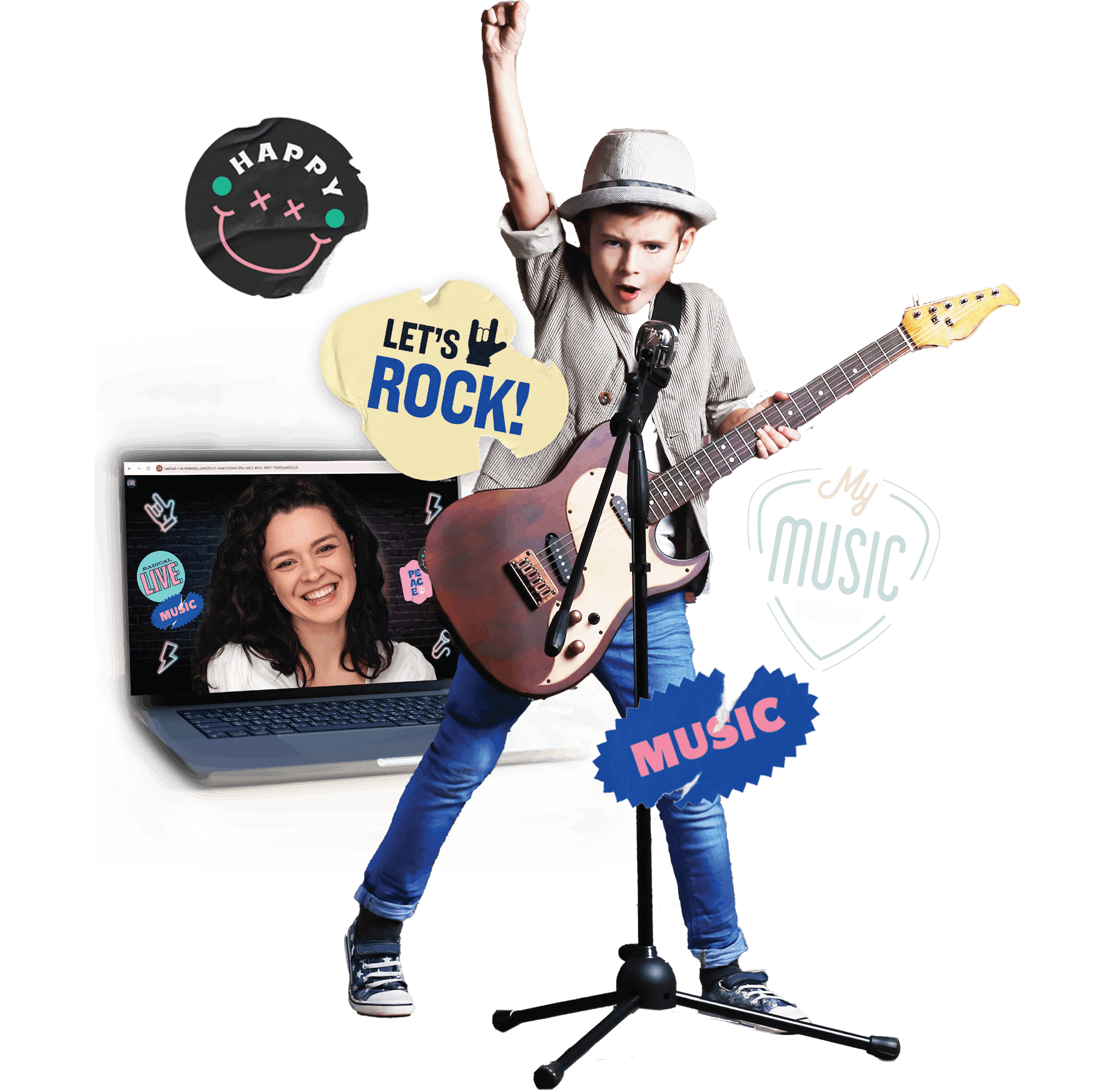child with guitar and mic let's rock