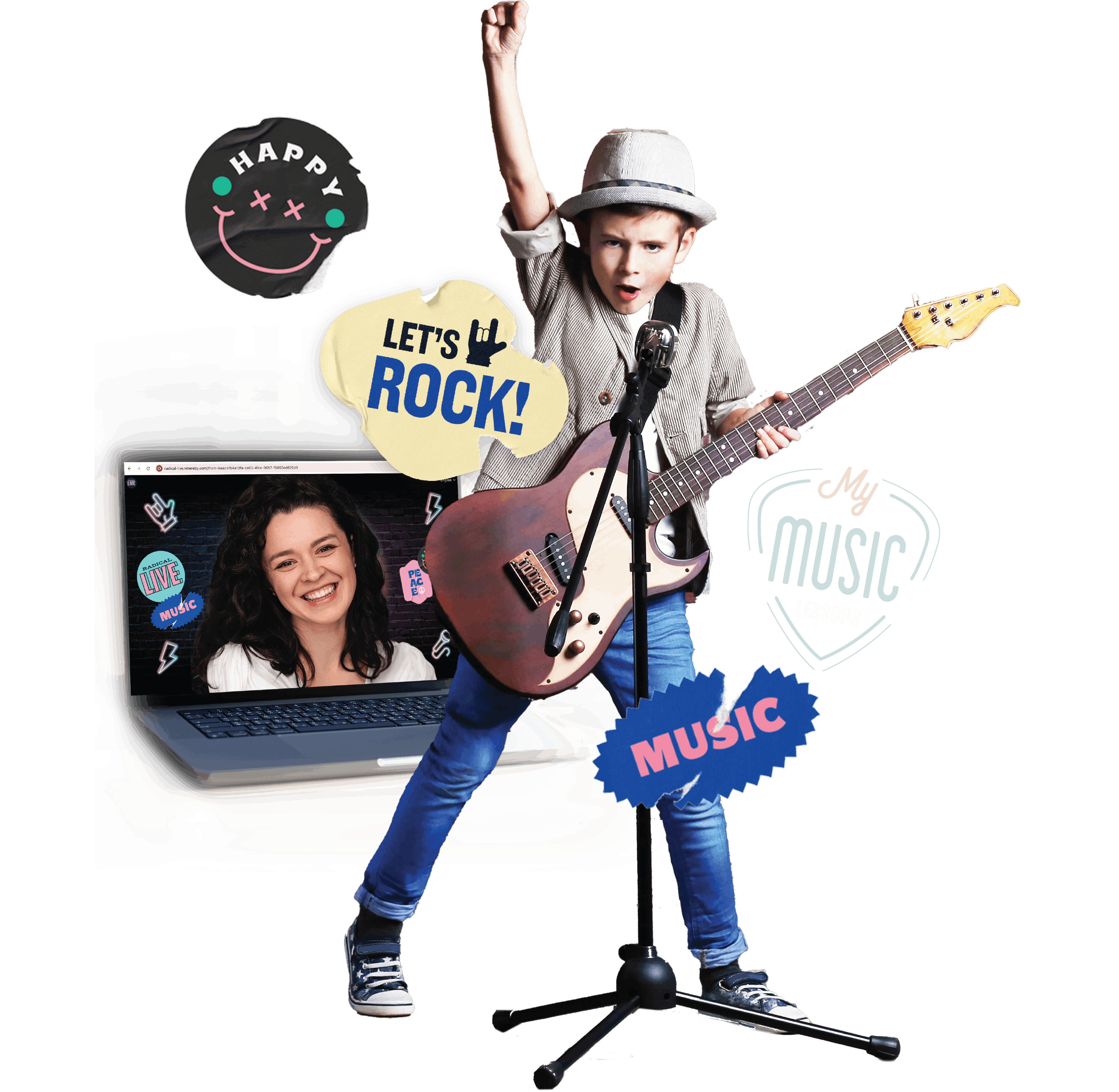 child with guitar and mic let's rock