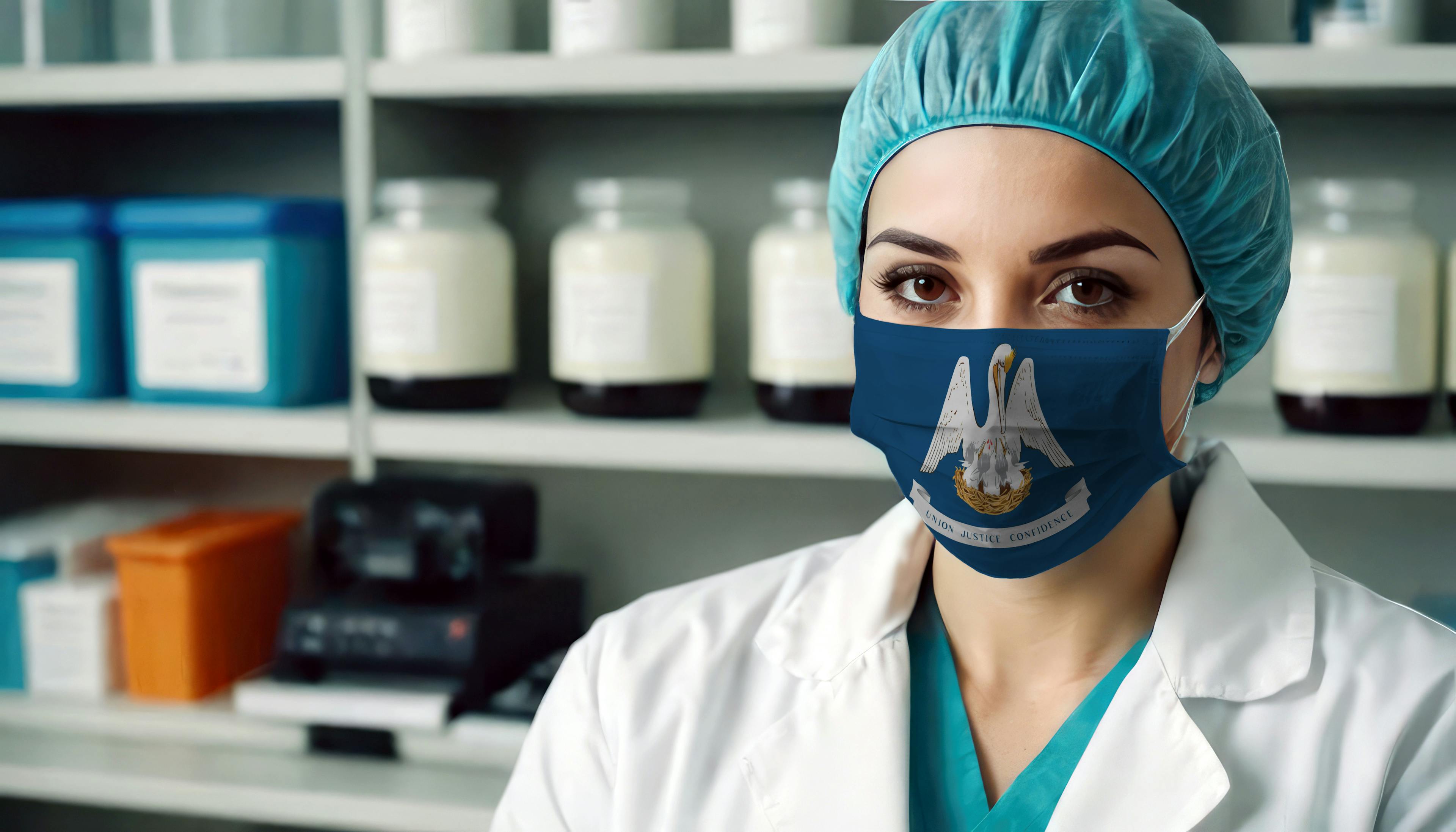 Nurse wearing a Louisiana state face mask

