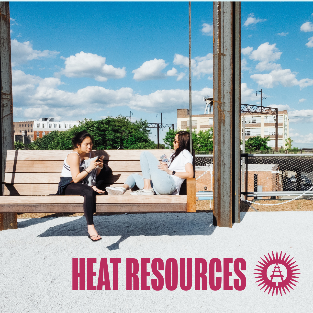 Two people relax on a wooden bench at the Rail Park on a sunny day beneath a blue sky, with the title "Heat Resources" and the Friends of the Rail Park logo displayed at the bottom.