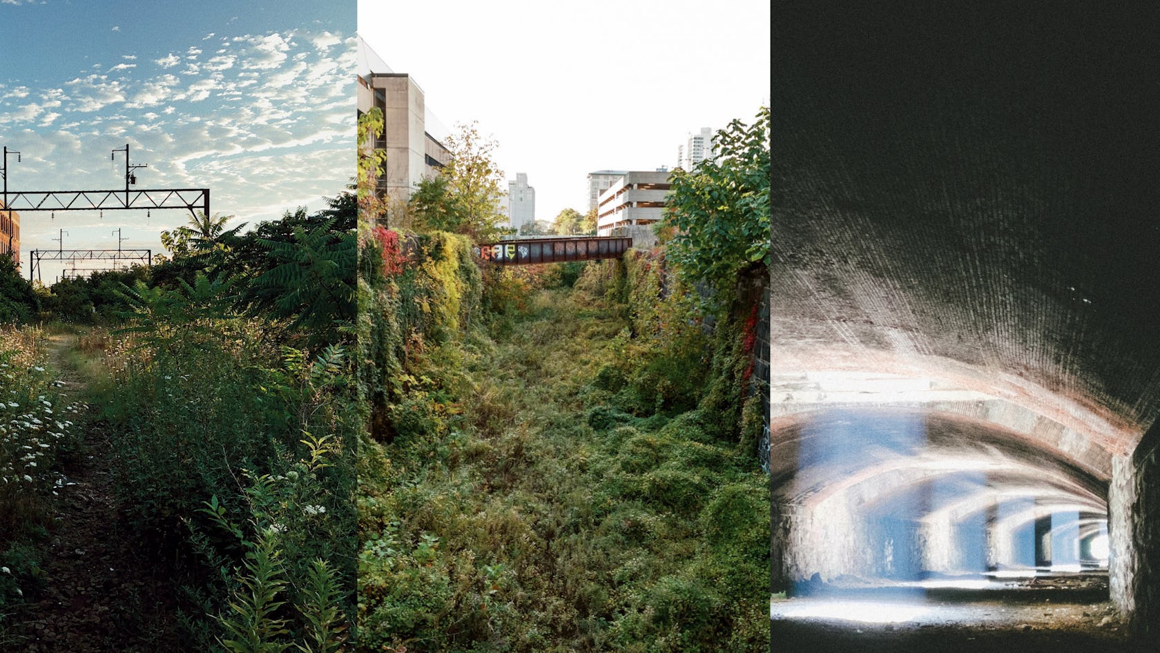 Side by side images of the Viaduct, the Cut, and the Tunnel, showing their contrasting landscapes