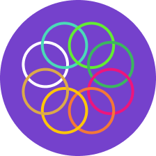 Graphic icon with purple background, and multi colored rings which connect to each other to form a circle