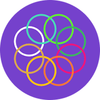 Graphic icon with purple background, and multi colored rings which connect to each other to form a circle