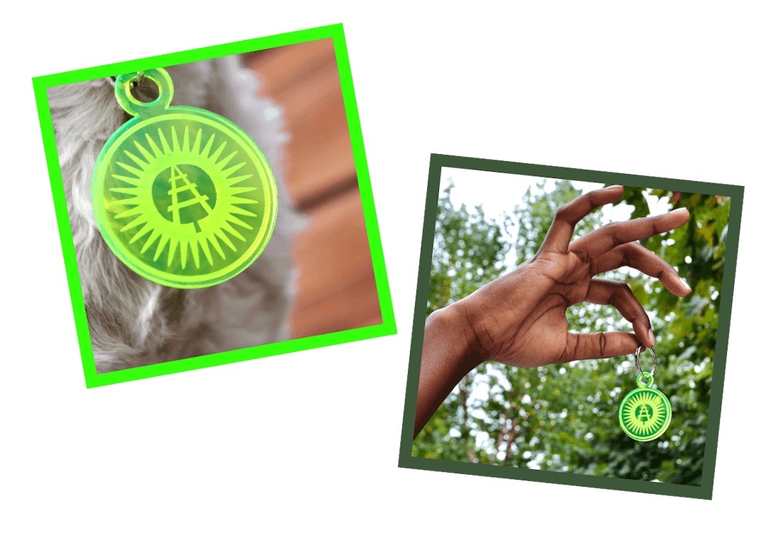 Two images side by side - on the left, a photo of a neon green dog tag with the Rail Park logo on a dog's collar. The image on the right shows a person's hand holding up the same dog tag but on a keychain ring.
