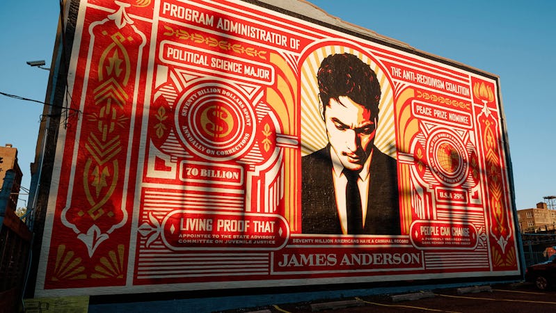 Low angle view of the Shepard Fairey Mural