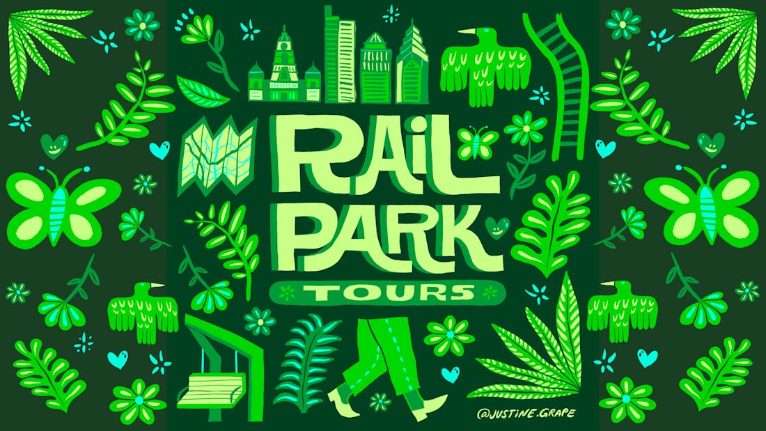 Rail Park Tours branding with whimsical imagery of birds, butterflies, plants, and other iconography. 