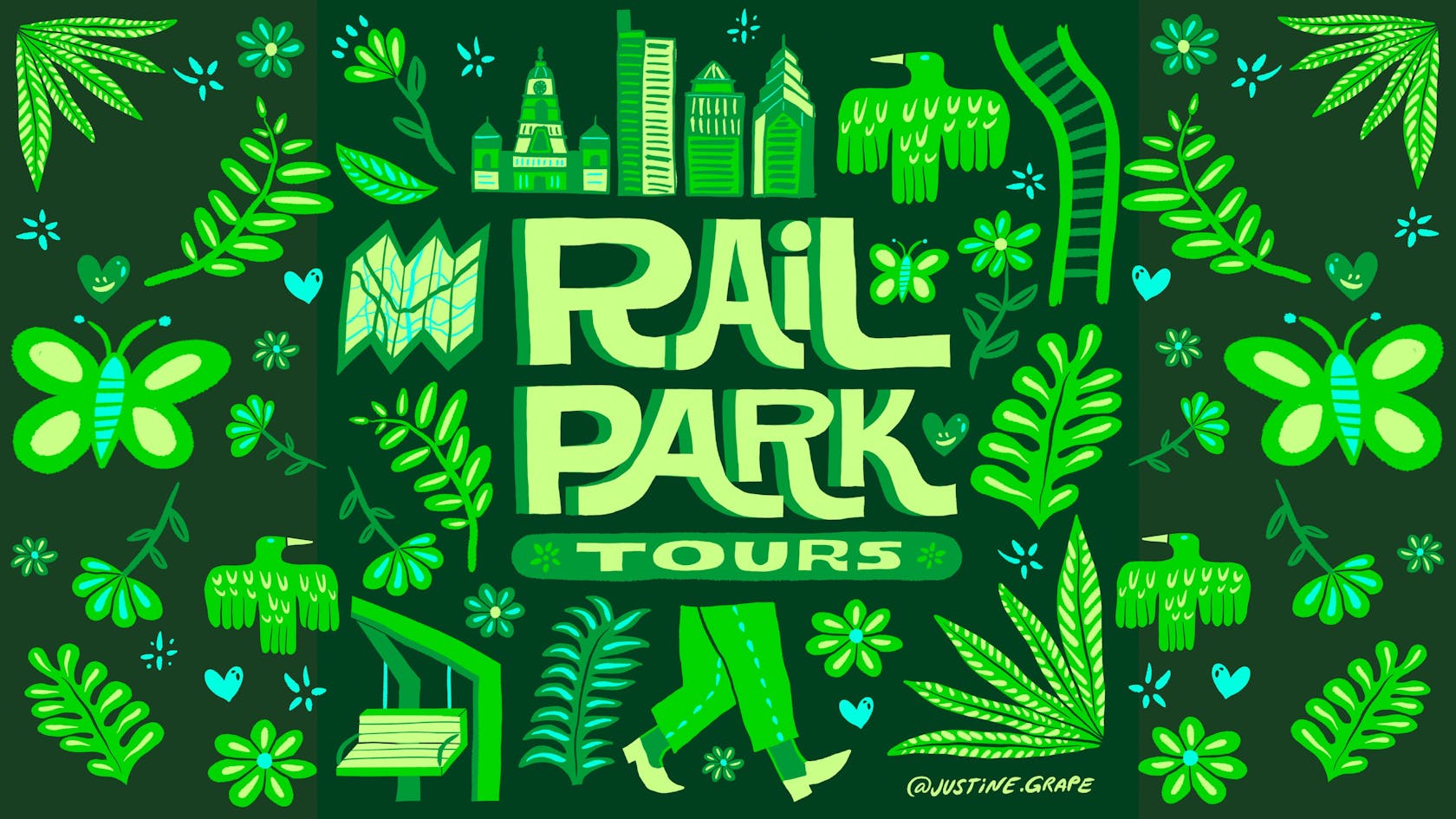 Rail Park Tours branding with whimsical imagery of birds, butterflies, plants, and other iconography.