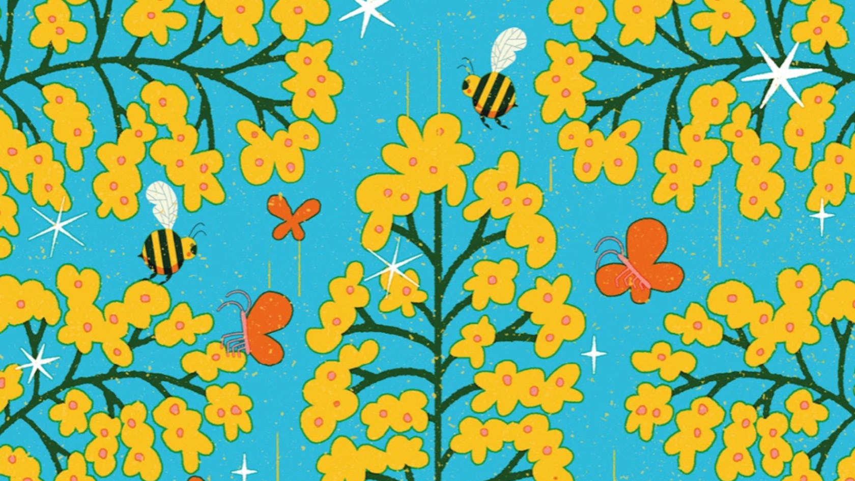 Illustration of goldenrod flowers with butterflies and bees flying around them