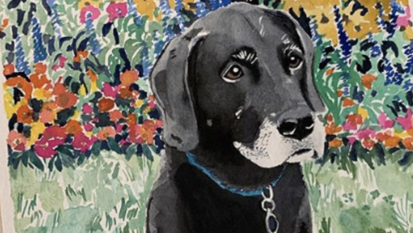 Watercolor portrait of a dog sitting in grass