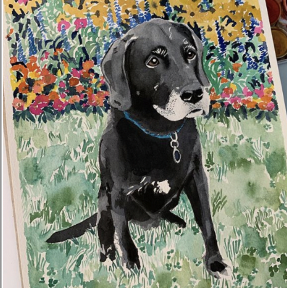 Watercolor portrait of a dog sitting in grass