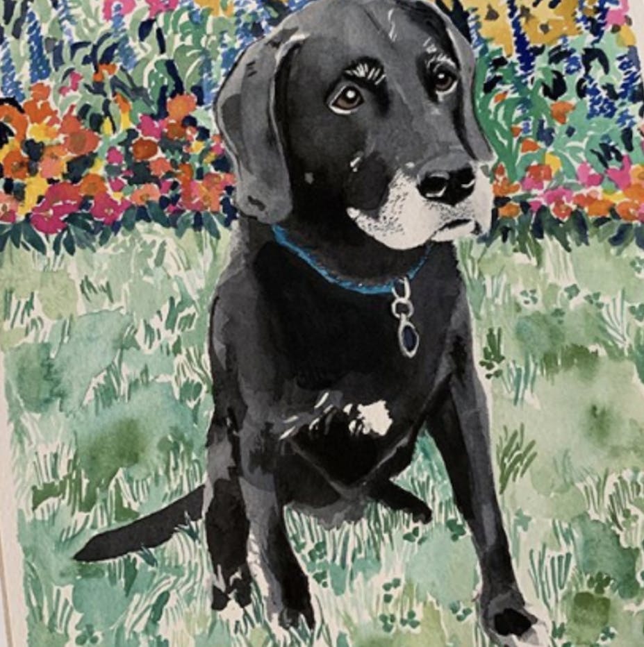 Watercolor portrait of a dog sitting in grass