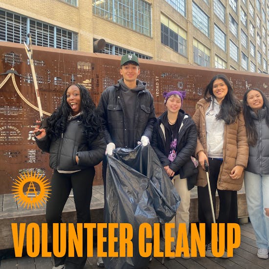 Photo of five smiling students holding trash bags and litter grabbers with a text overlay that says "Volunteer Clean-Up" in goldenrod