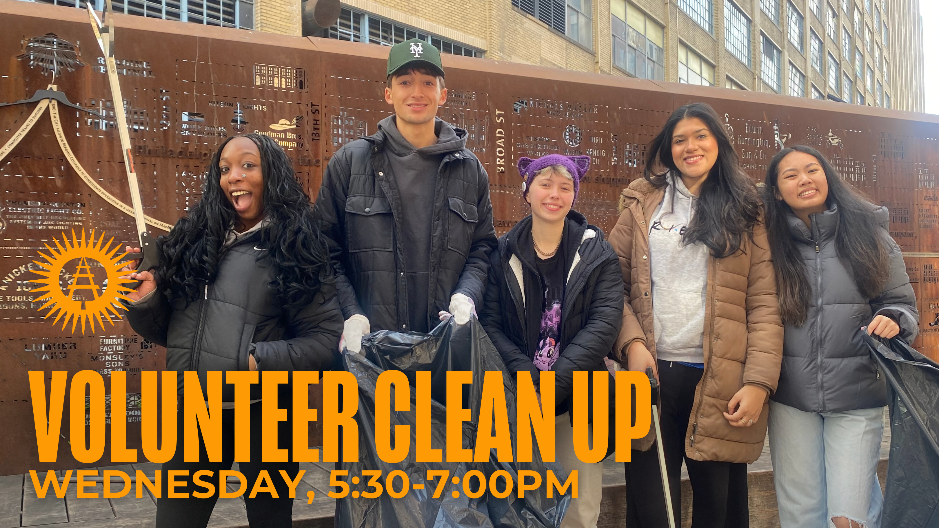 Photo of five smiling students holding trash bags and litter grabbers with a text overlay that says "Volunteer Clean-Up, Wednesday 5:30-7:00PM" in goldenrod