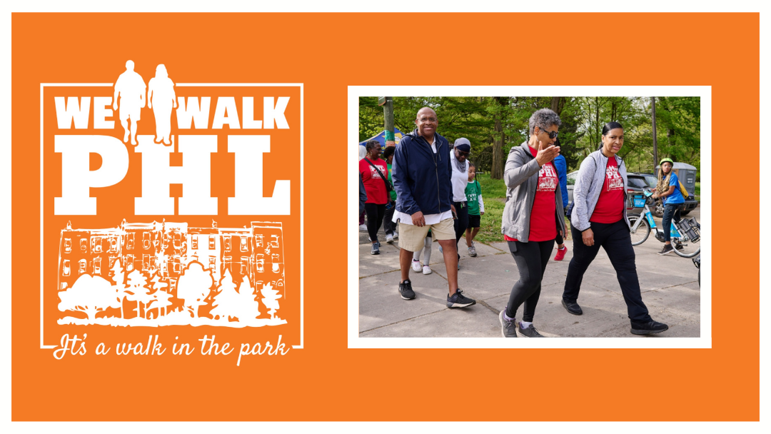 We Walk PHL logo with an illustration of two people walking in front of rowhomes and trees. Cursive writing underneath declaring "It's a walk in the park". To the right of the logo is a picture of We Walk PHL participants in matching t-shirts walking a trail.