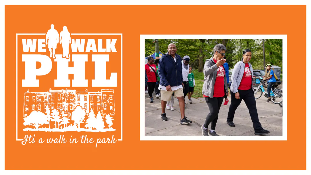 We Walk PHL logo with an illustration of two people walking in front of rowhomes and trees. Cursive writing underneath declaring "It's a walk in the park". To the right of the logo is a picture of We Walk PHL participants in matching t-shirts walking a trail.