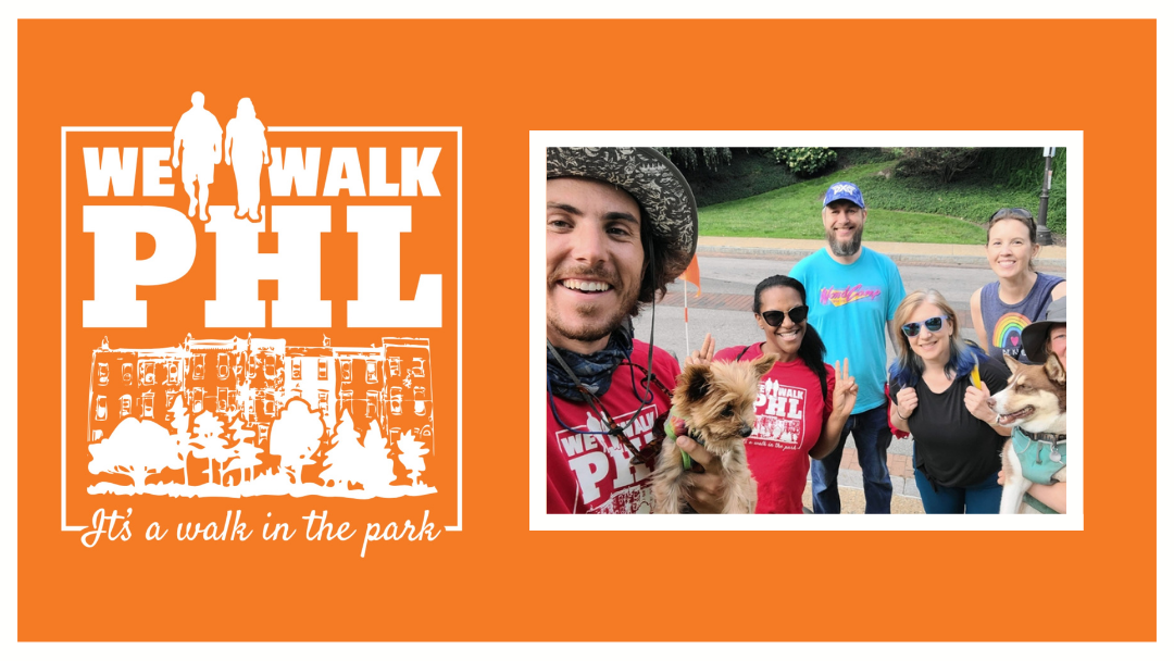 We Walk PHL logo with an illustration of two people walking in front of rowhomes and trees. Cursive writing underneath declaring "It's a walk in the park". To the right of the logo is a picture of We Walk PHL participants taking a selfie with big grins.