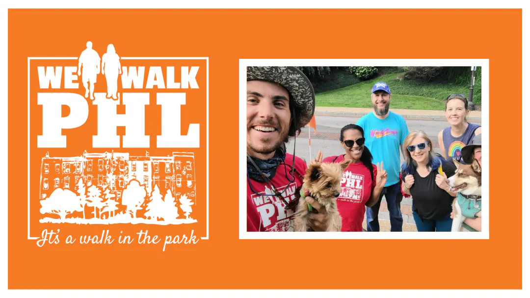 We Walk PHL logo with an illustration of two people walking in front of rowhomes and trees. Cursive writing underneath declaring "It's a walk in the park". To the right of the logo is a picture of We Walk PHL participants taking a selfie with big grins.