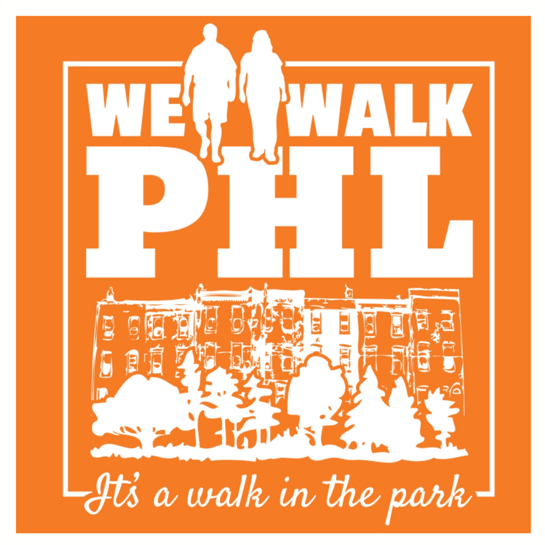 We Walk PHL logo with an illustration of two people walking in front of rowhomes and trees. Cursive writing underneath declaring "It's a walk in the park"