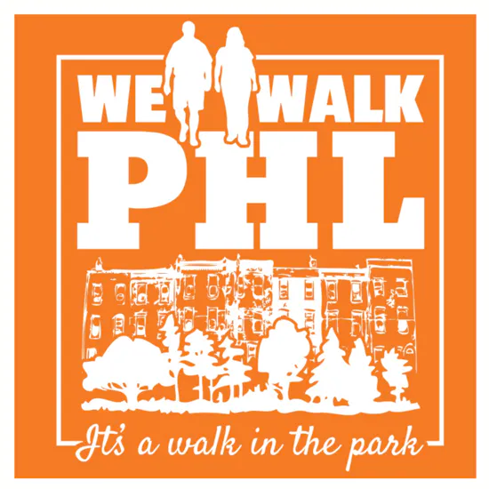 We Walk PHL logo with an illustration of two people walking in front of rowhomes and trees. Cursive writing underneath declaring "It's a walk in the park"