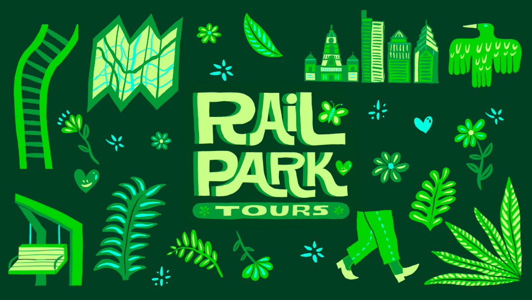 Rail Park Tour illustrations in shade of green featuring plants, maps, Philly skyline, and other things one might see on the Rail Park. 