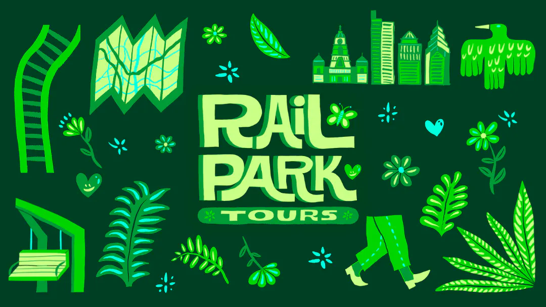 Rail Park Tour illustrations in shade of green featuring plants, maps, Philly skyline, and other things one might see on the Rail Park.