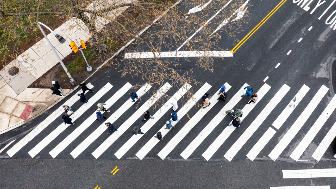 Aerial of a walking tour group crossing the street at the crosswalk like the rule abiding lovely people that they are!