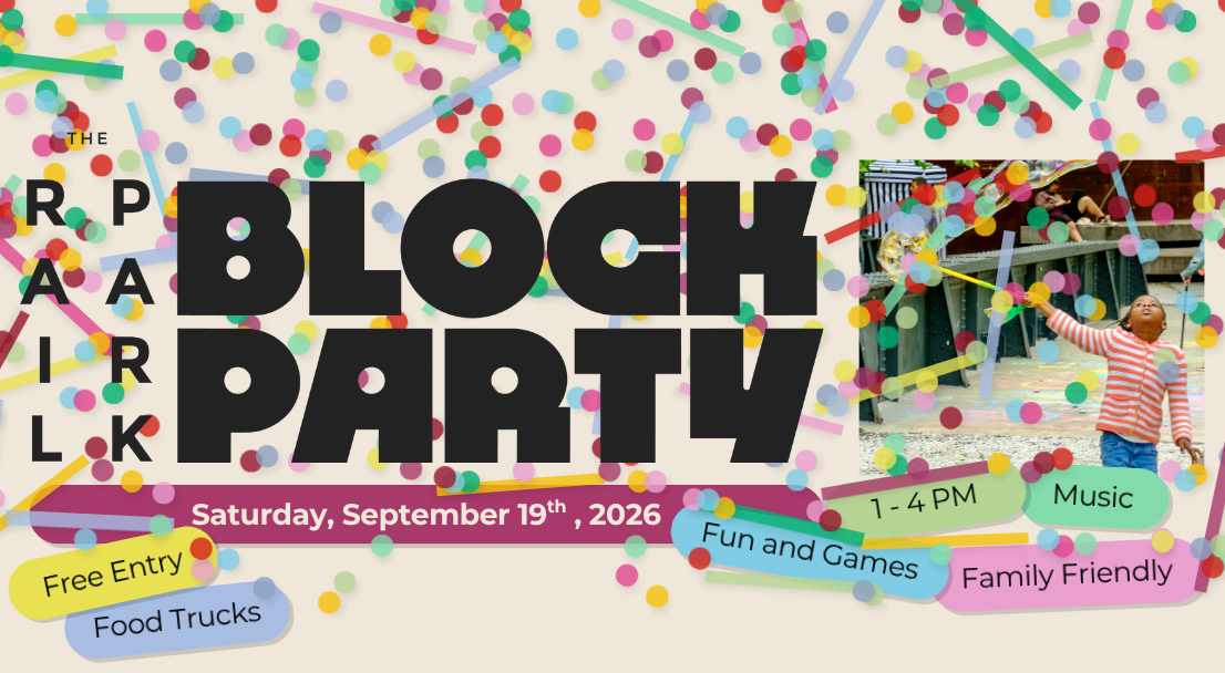 Promotional graphic for The Rail Park Block Party with colorful confetti, a child blowing giant bubbles, and event details highlighting free, family-friendly activities.