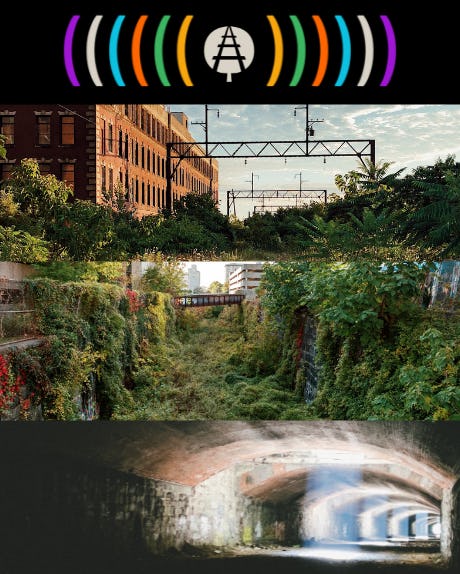 Mashup image with a picture of the Viaduct, the Cut, and the Tunnel. At the top is the logo for the Rail Park with colorful parenthesis emanating from the logo, symbolizing the Sounds of the Rail Park podcast series. 