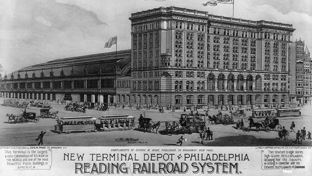 Black and white newspaper image advertising the opening of the Reading Terminal station