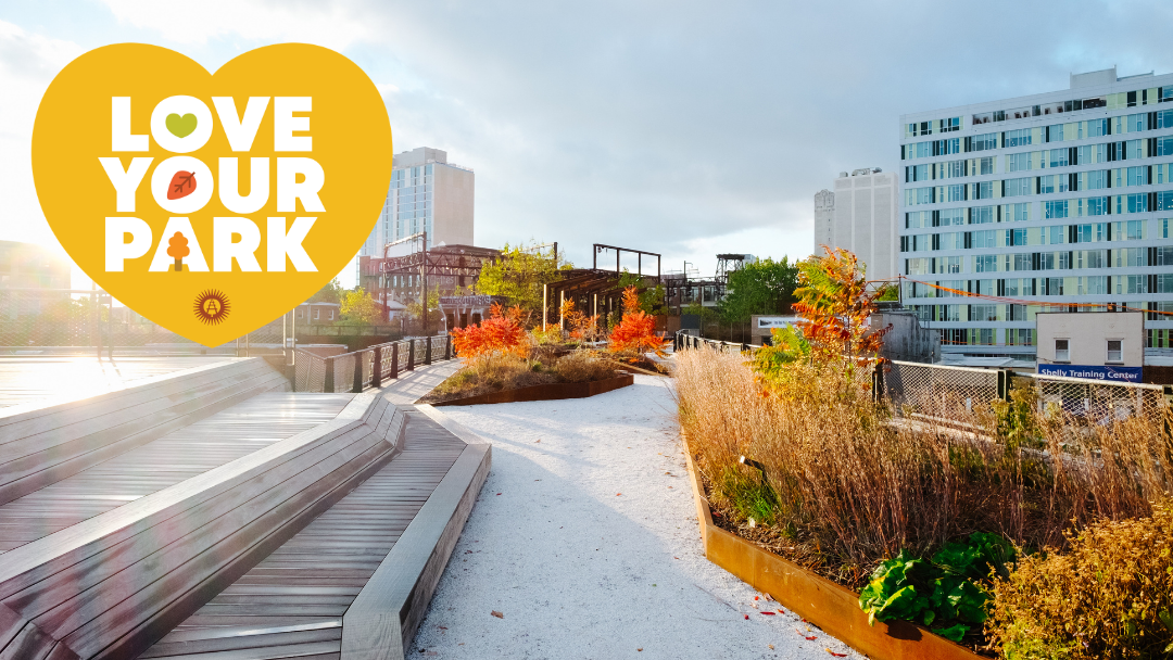 Love Your Park logo over a photo of an elevated park walkway.