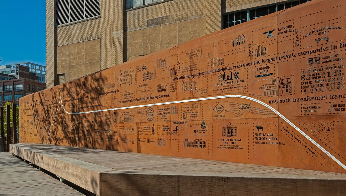 Galvanized steel wall with laser cut historic icons and map of neighborhood