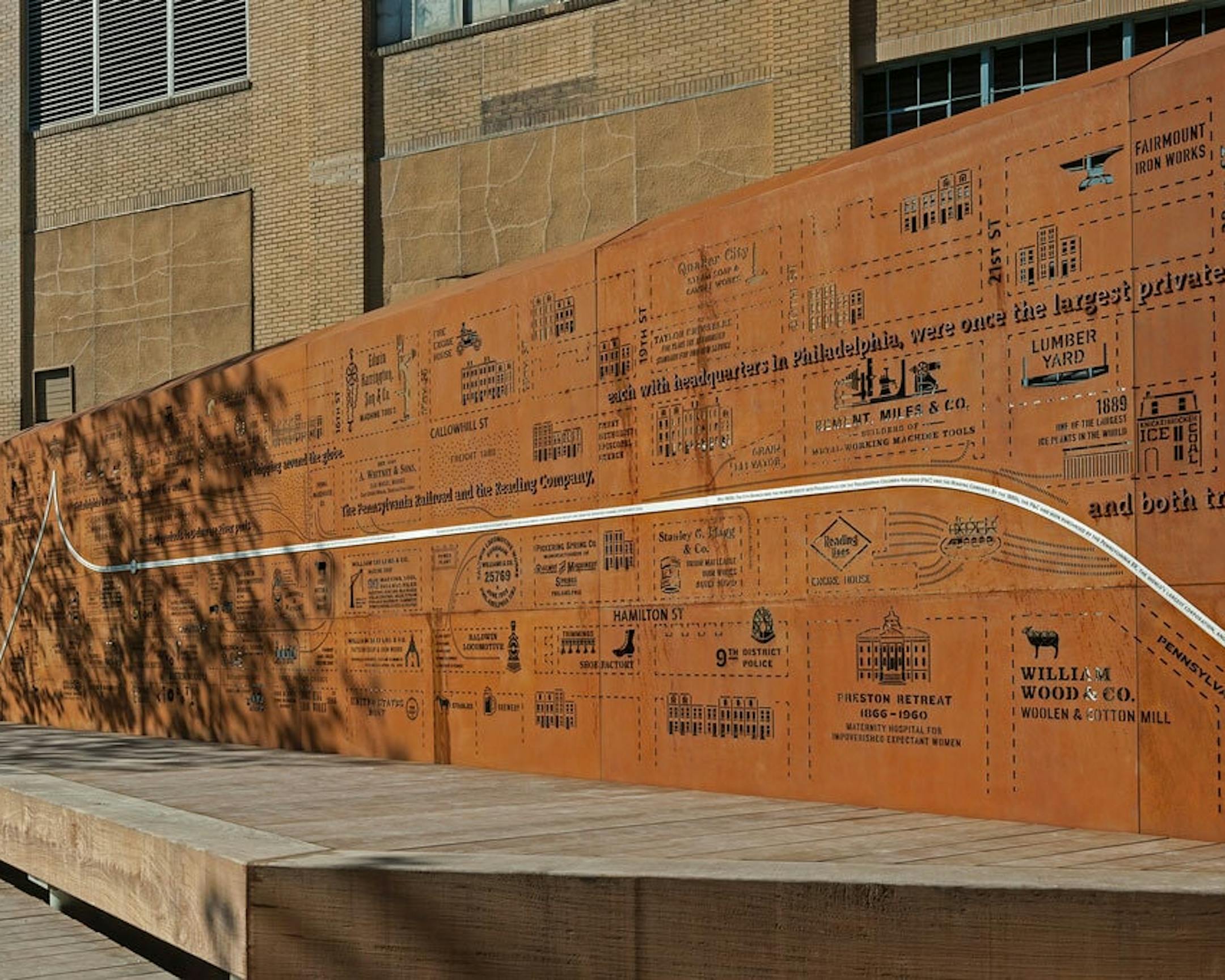 Galvanized steel wall with laser cut historic icons and map of neighborhood