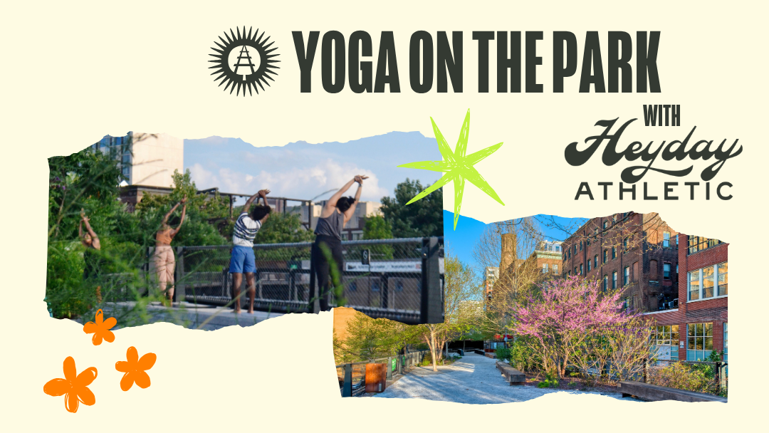 Yoga on the Park event graphic featuring outdoor yoga and Rail Park scenery.