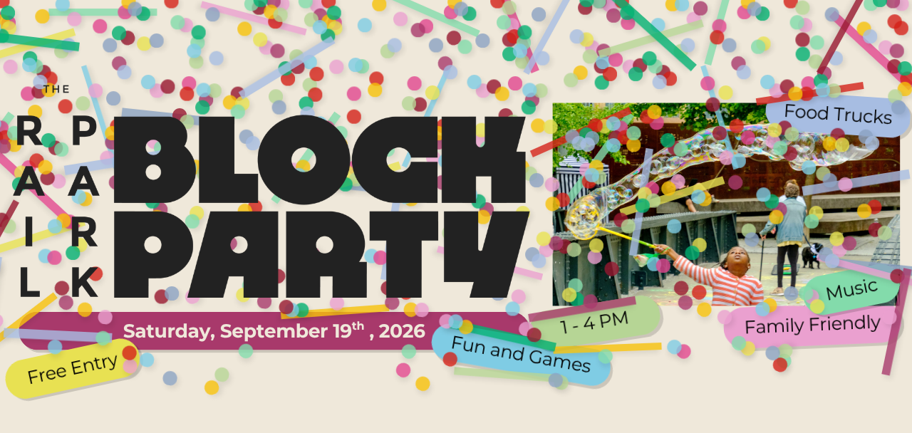 Promotional graphic for The Rail Park Block Party with colorful confetti, a child blowing giant bubbles, and event details highlighting free, family-friendly activities.