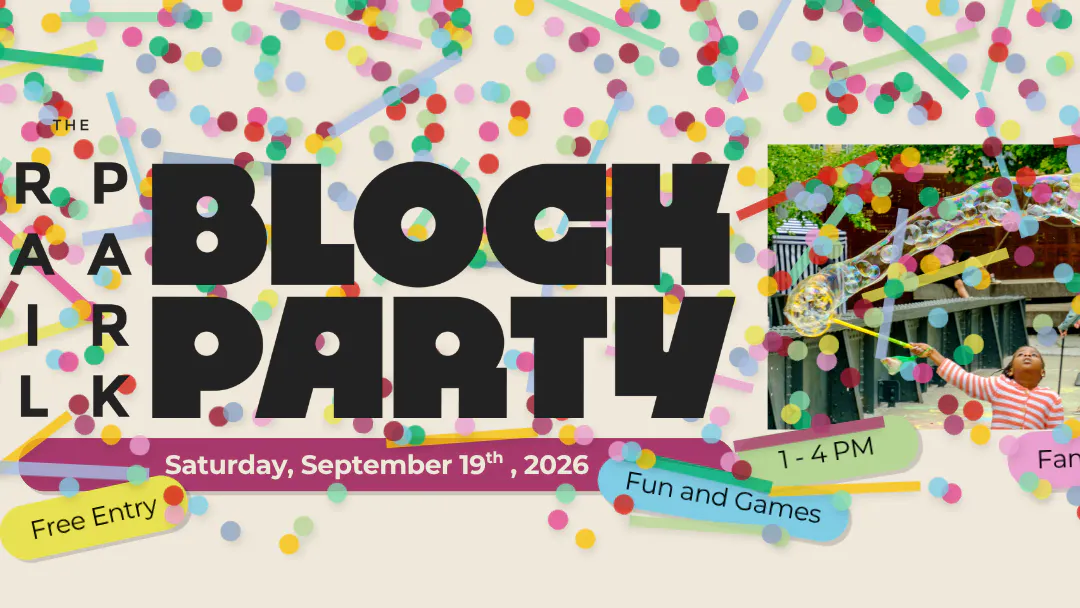 Promotional graphic for The Rail Park Block Party with colorful confetti, a child blowing giant bubbles, and event details highlighting free, family-friendly activities.