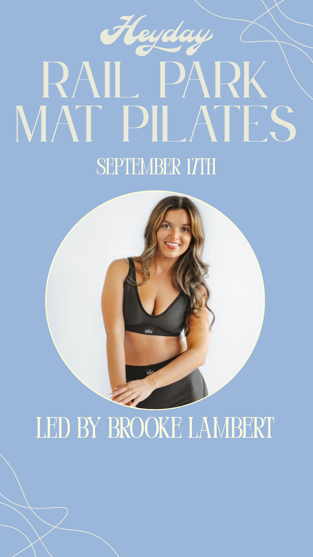 Heyday Rail Park Mat Pilates flyer featuring Brooke Lambert, September 17th.