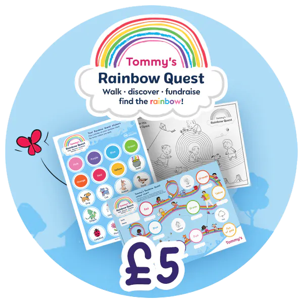 £5 badge illustrating what is including in the Rainbow Quest activity pack, the stickers, sticker chart and colour in sheet.