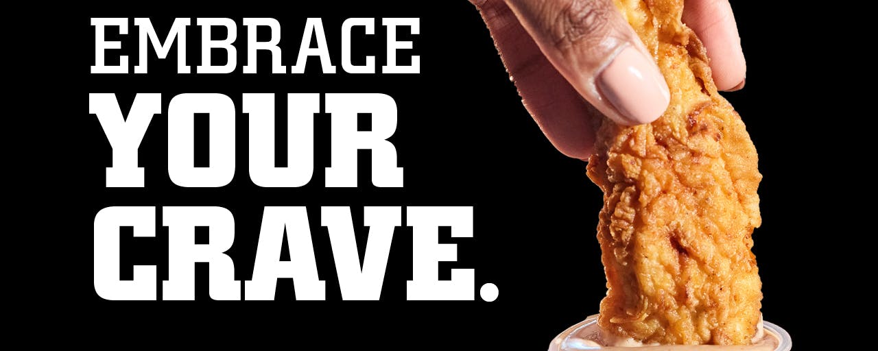 Embrace Your Crave Chicken Finger dipping in Cane's sauce
