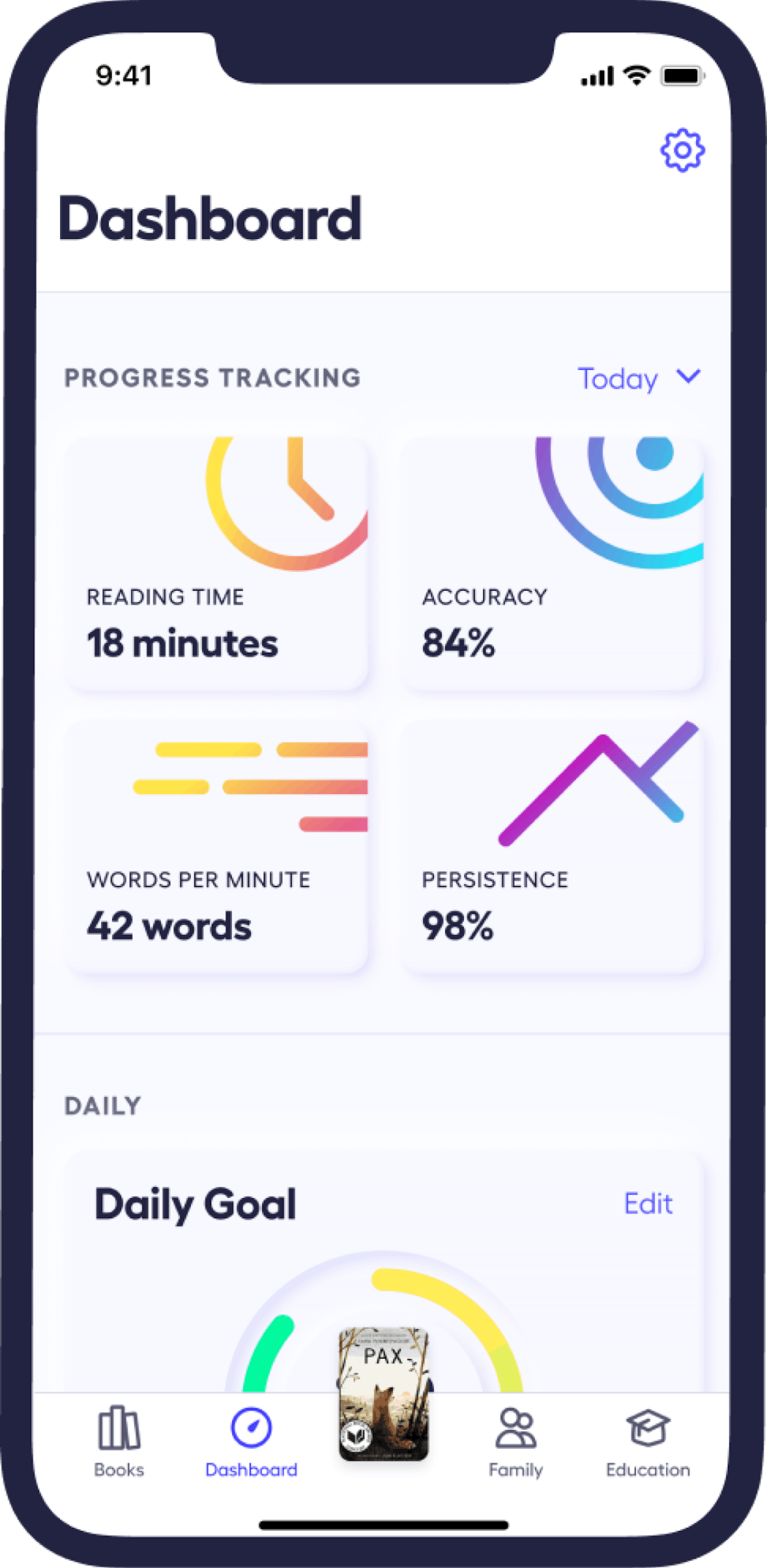 Smartphone screen showing Rally reading app dashboard with daily progress tracking, featuring reading time, accuracy, words per minute, and persistence statistics, plus a Daily Goal section with the book 'PAX' and navigation for books, dashboard, family, and education.