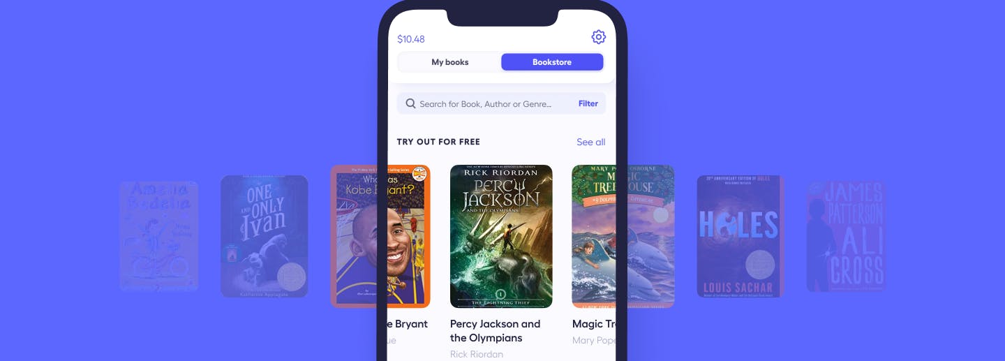 RallyReader application showcasing a user's credit balance and a selection of available children's and young adult books, including titles like 'Amelia Bedelia', 'The One and Only Ivan', and 'Percy Jackson and the Olympians'. Features include 'My books' and 'Bookstore' tabs, a search bar, and a 'Try out for free' section against a gradient blue background."