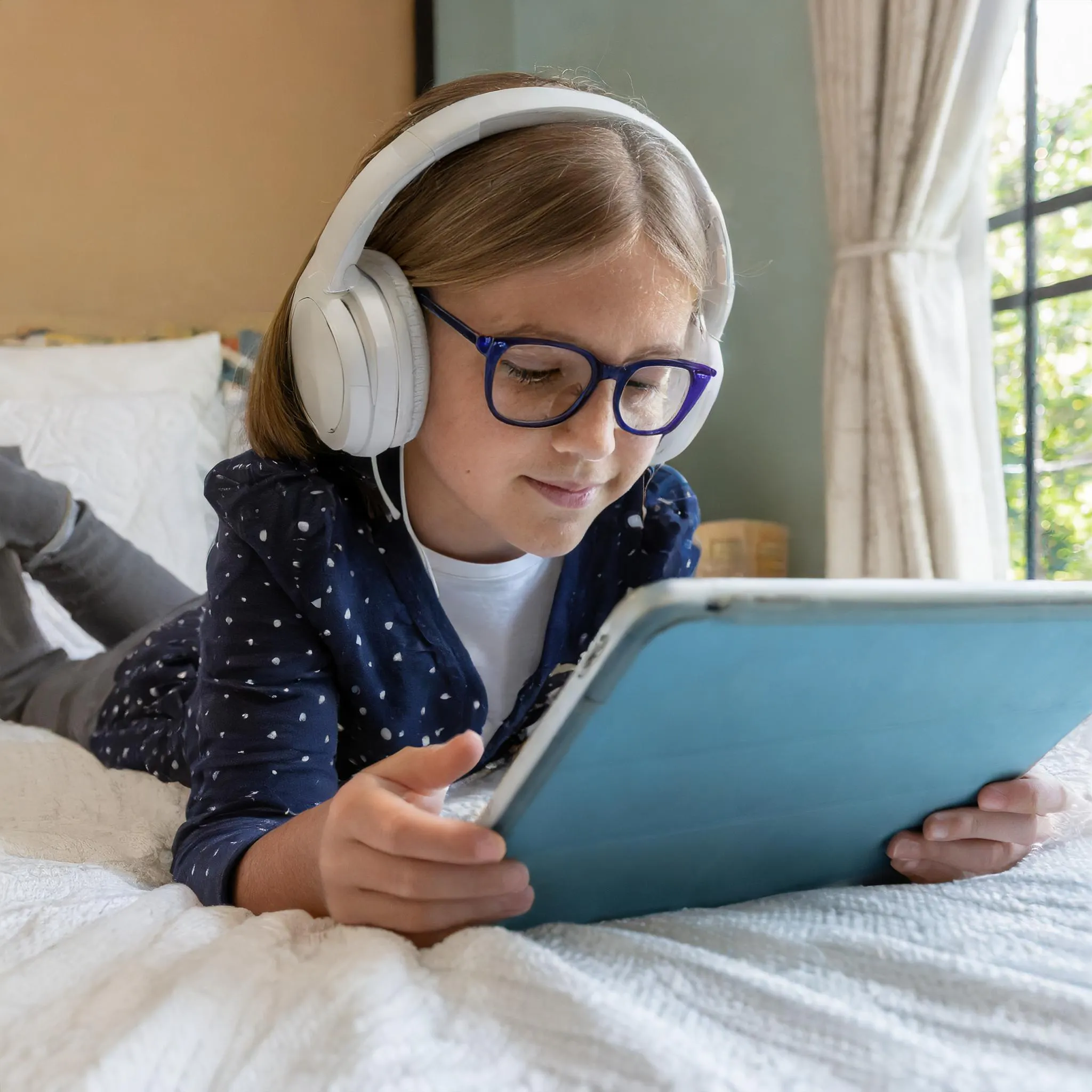 Firefly Kid lying on a bed wearing headphones looking at an ipad 90753