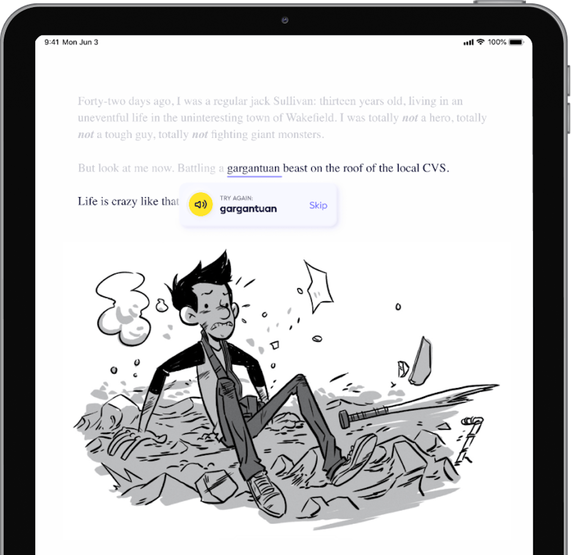 The Rally Reader screen shows a word being corrected