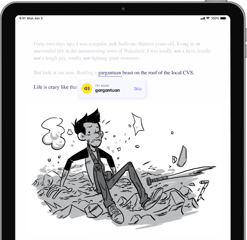 The Rally Reader screen shows a word being corrected