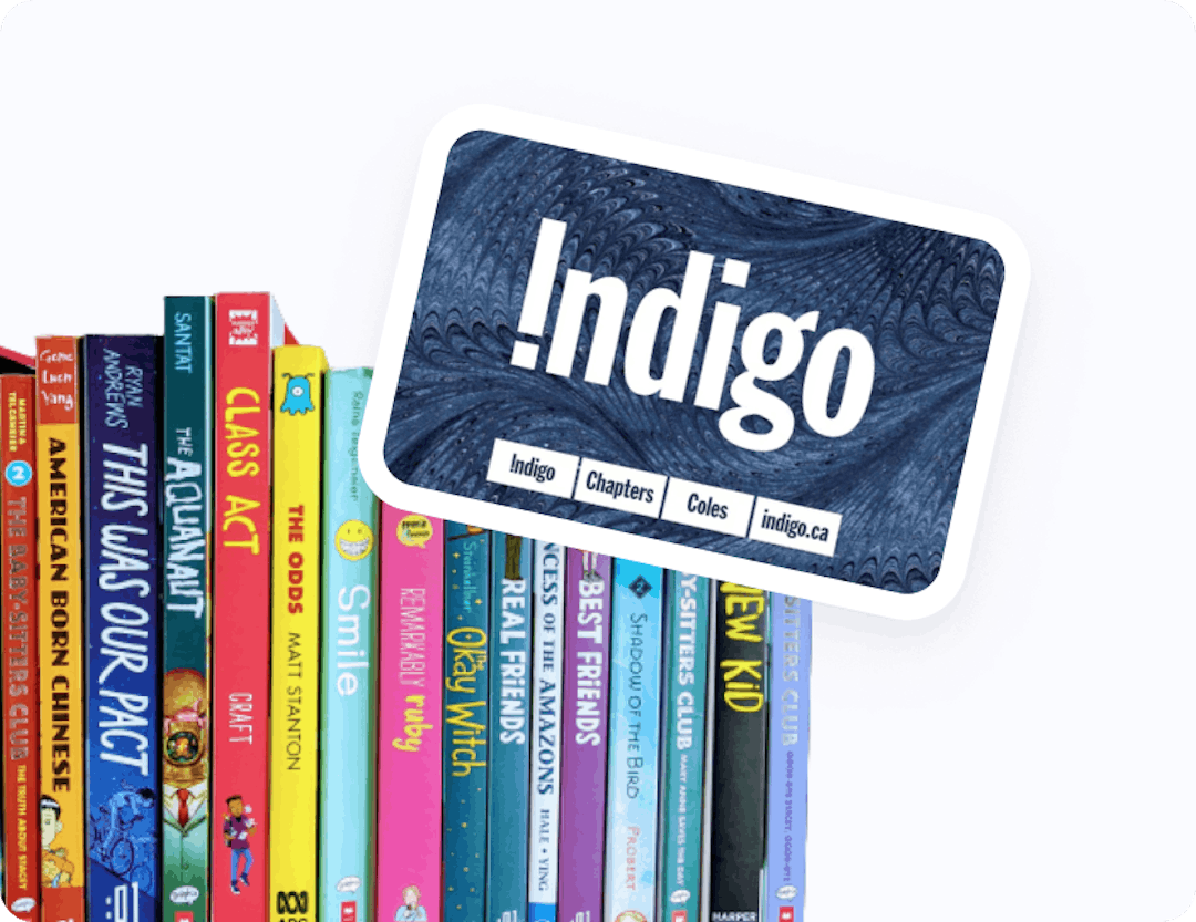 Multiple books next to each other with an Indigo card on top