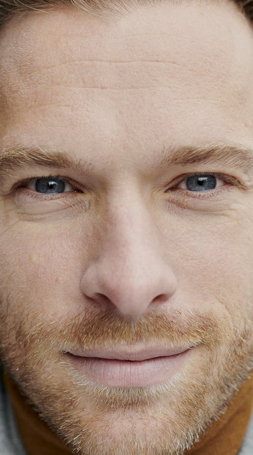 Close up of man with blue eyes
