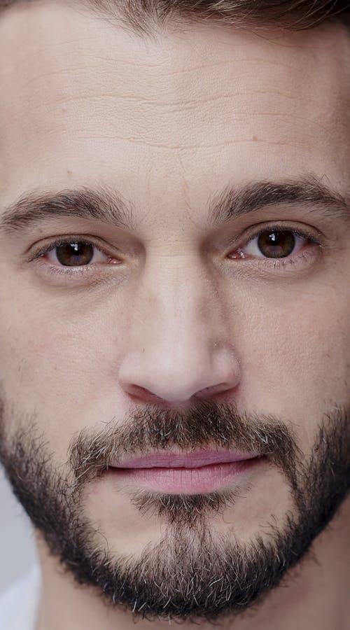 Close up of dark haired man with brown eyes